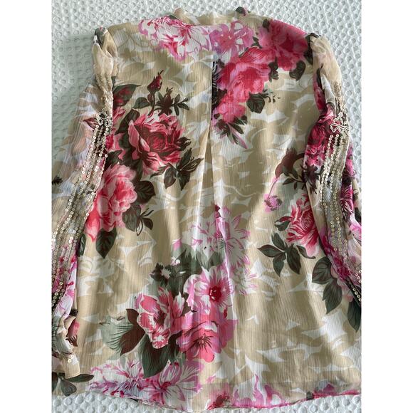 Ranna Gill Small‎ Floral Eden Romantic Ruffle Sequin Beaded Flowy Blouse - Picture 11 of 13